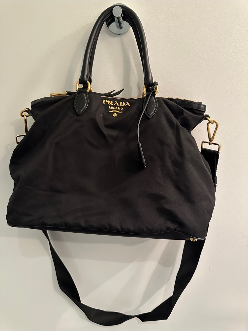 Prada Black Nylon Tote with Gold Hardware and Detachable Strap